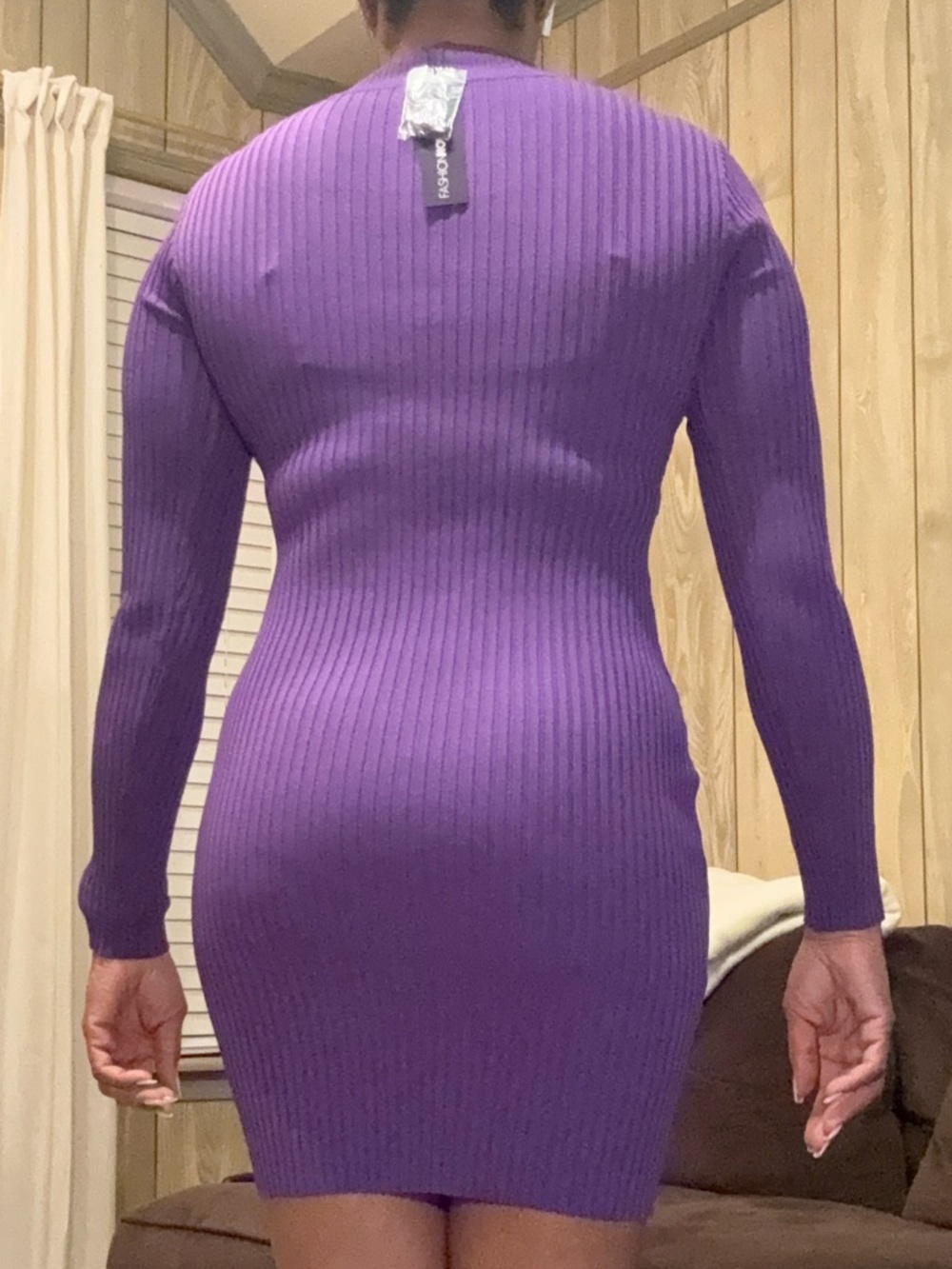 Ribbed Long-Sleeve Purple Bodycon Dress - Picture 3 of 3